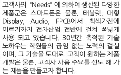 고객사의 'Needs' 에 의하여 생산된 다양한 제품군은 스마트폰은 물론, 태블릿, 대형 Display, Audio, FPCB에서 백색가전에 이르기까지 전자산업 전반에 걸쳐 폭넓게 사용 되고 있습니다. 30년간 축적된 기술 노하우는 직원들의 끊임 없는 노력의 결실 이며, 그 기술을 토대로 고 객이 원하는 제품 개발은 물론, 고객사 사용 수요를 선도 해 가 는 제품을 만들고자 합니다.